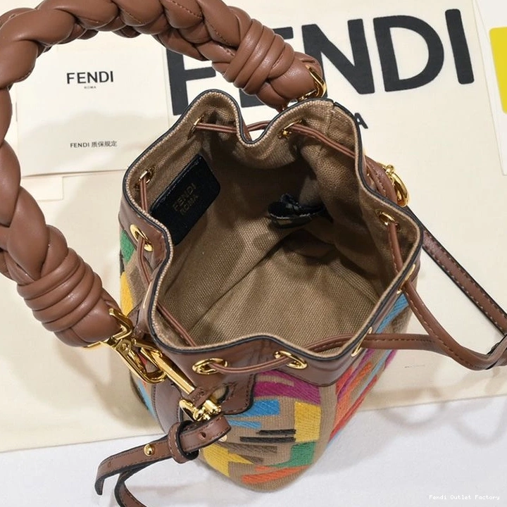 Vintage HOT FF Brown Mon Motif In Handle with Fendi Bucket Woven Bag Canvas Mini Tresor 0823